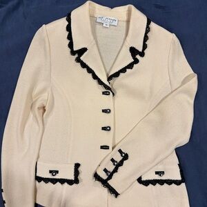 St. John Evenings by Marie Gray - Cream Knit Sweater/Jacket with Black Lace Trim